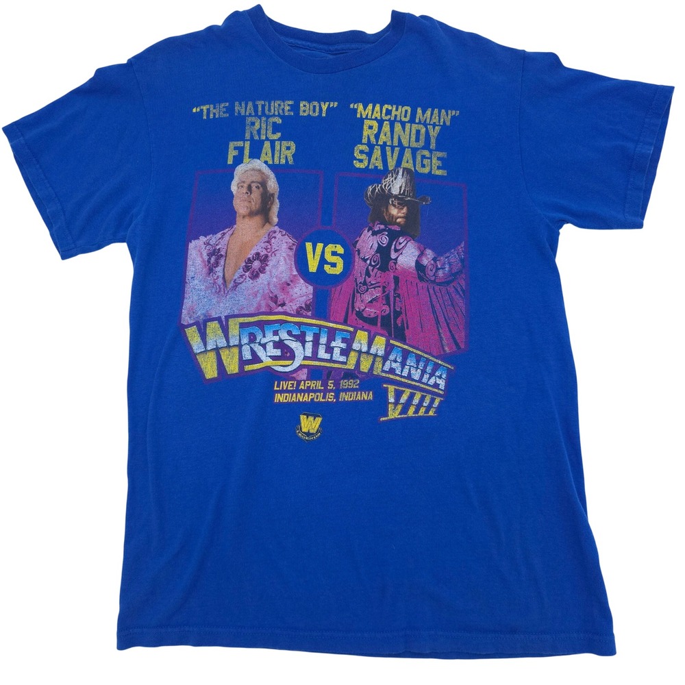 WWE T-Shirt Men Blue Very Good WrestleMania VIII Ric Flair Randy Savage M
